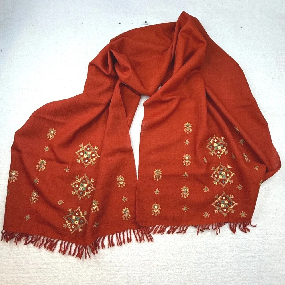 Rust‎ Red Embroidered Floral Fringed table runner Scarf Wrap Boho Artisan folk